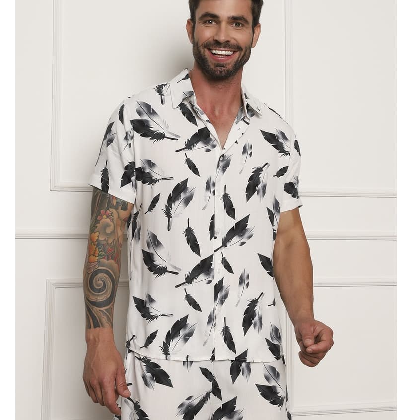 Camisa conjunto VISCO LINHO Masculina Estampa Floral Havaiana Natal Praia Verão Manga Curta