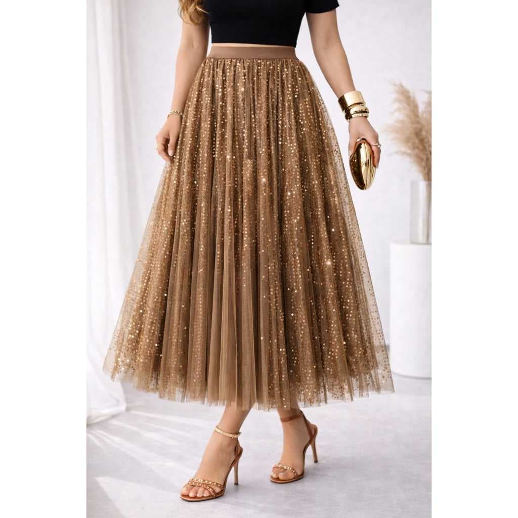 Saia Midi Feminina Tule Paetê Premium Festa Casamento Elegante moda Evanjelica