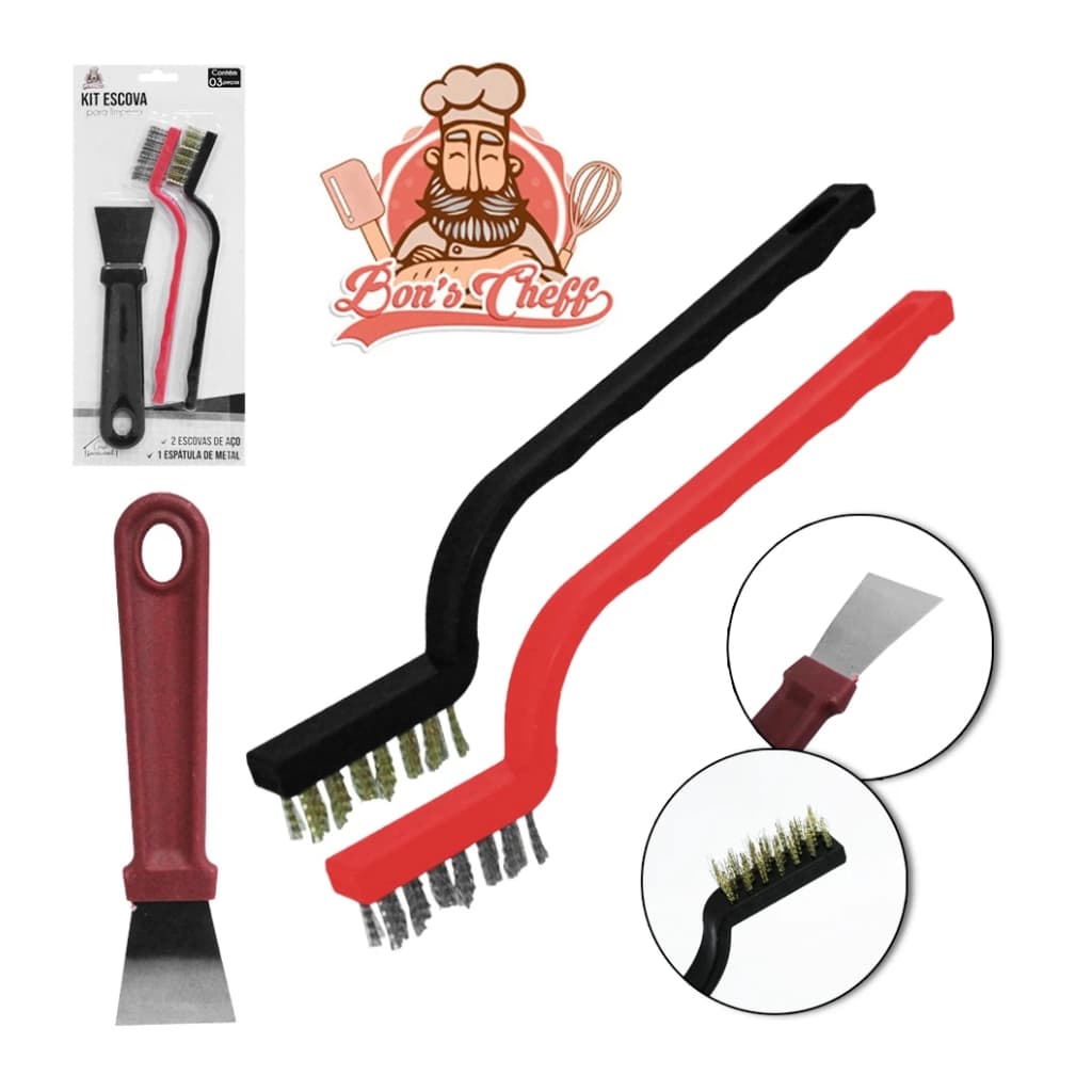 ESCOVA DE ACO COM 2 PECAS + ESPATULA DE METAL CABO PLASTICO Cor: sortidas