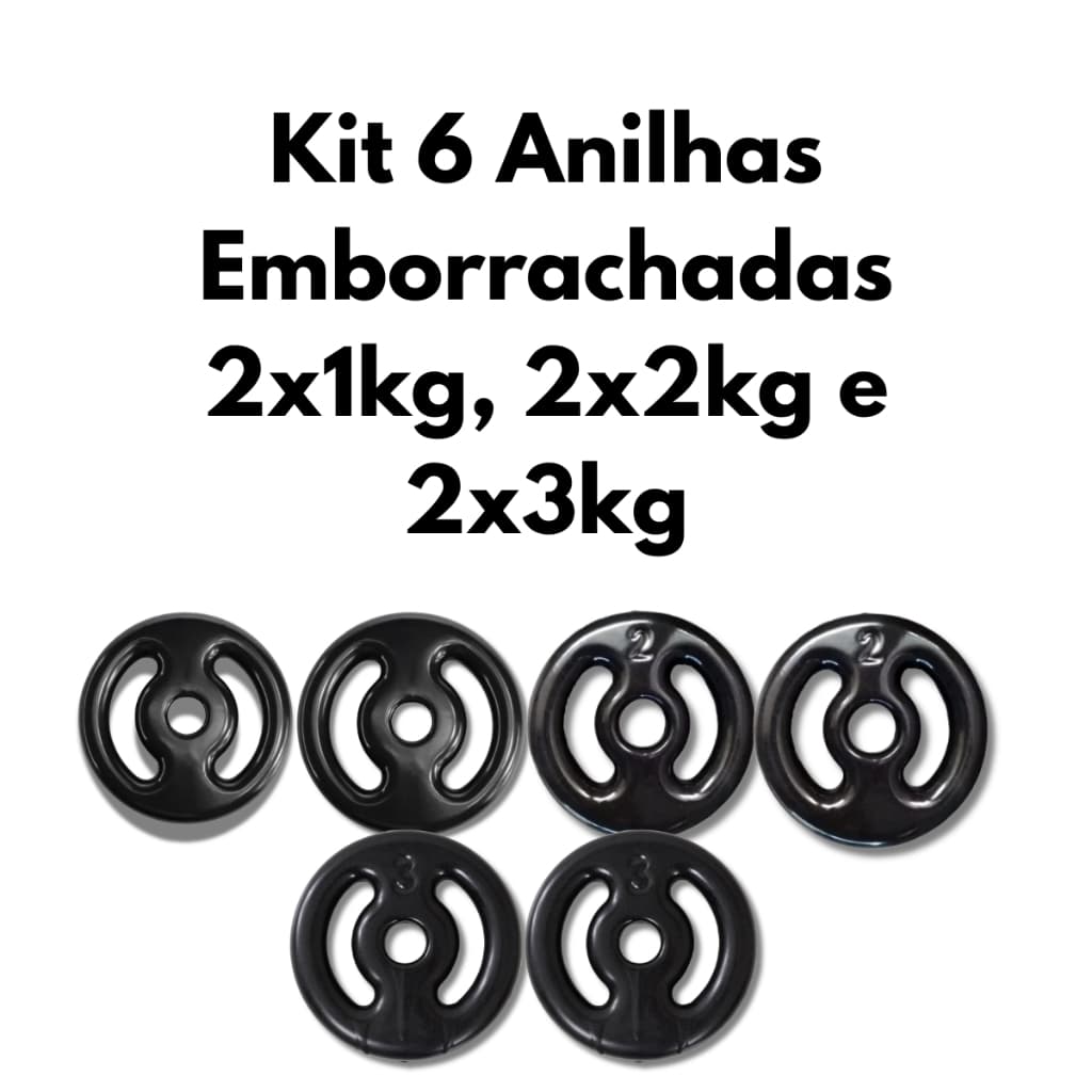 Kit 6 Anilhas Emborrachadas 2x1kg, 2x2kg e 2x3kg Musculação Treino Força Fitness Academia
