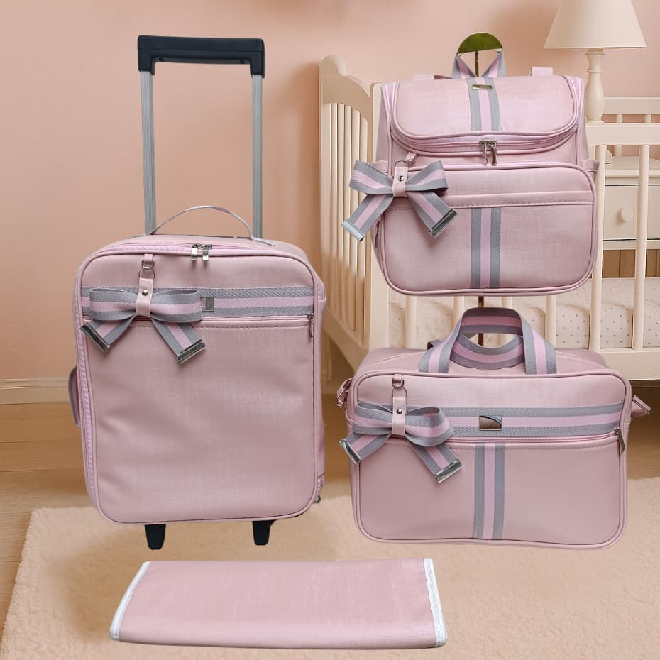 Kit bolsas de maternidade mala, bolsa, mochila e trocador rosa perolisado com faixa cinza com  rosa