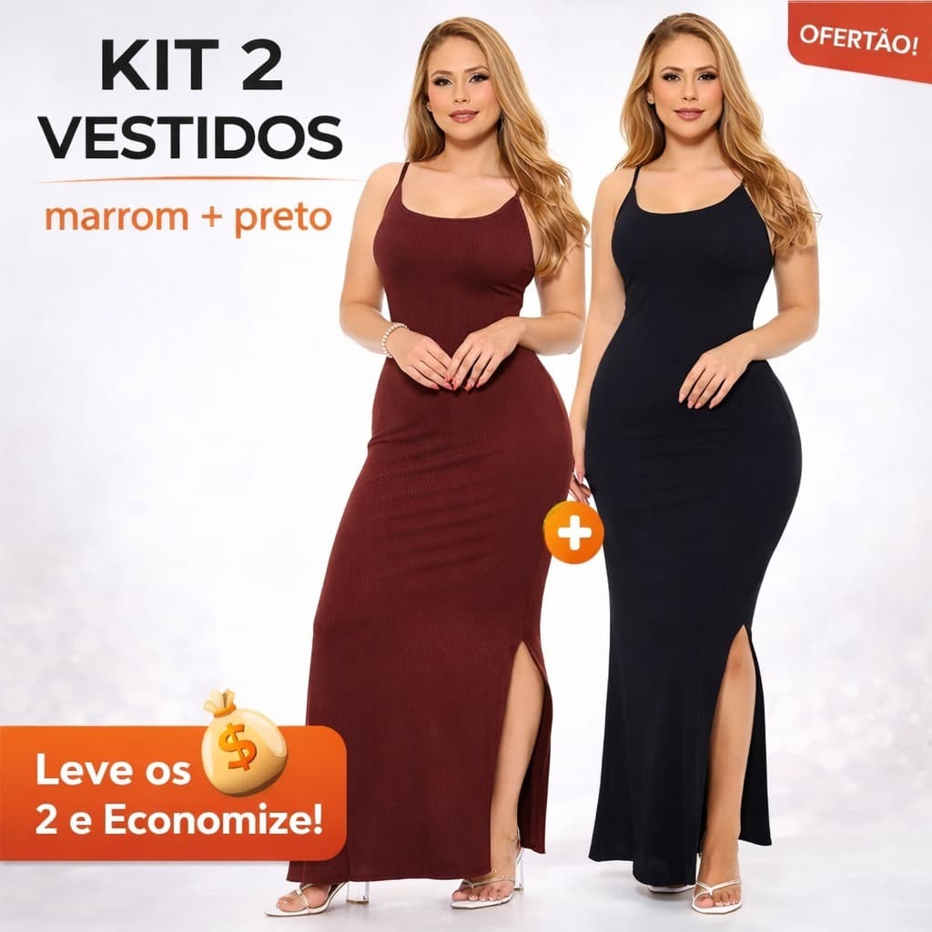 Kit 2 Vestido Canelado Longo Casual Alça Fenda Lateral Moda Casual Feminina