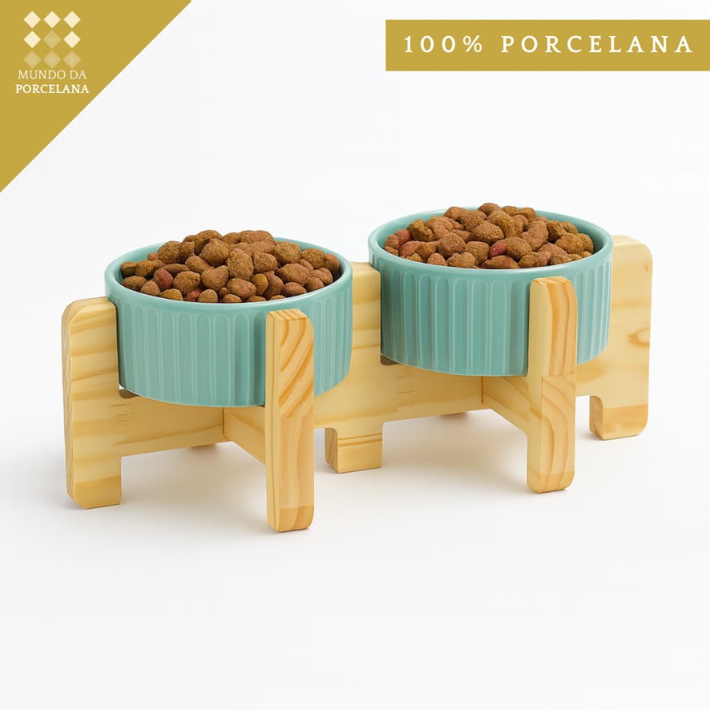 Comedouro E Bebedouro Gato Cachorro Porcelana Verde Com Base Madeira Comedoro Pet