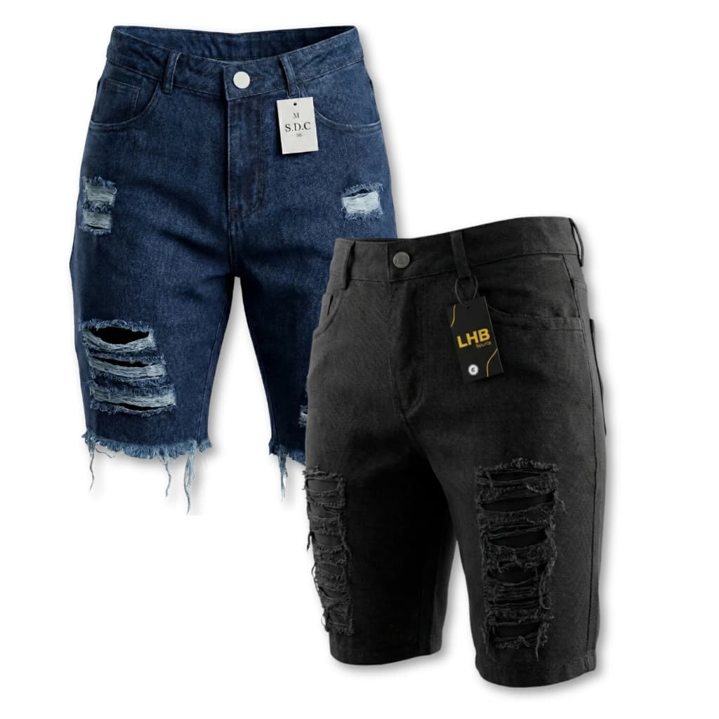 Kit 2 Bermuda Masculina Jeans Destroyed Short Sarja Destroyed Basico