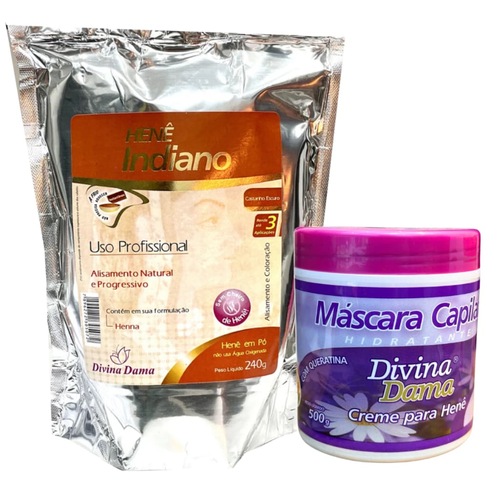 Indiano Henê Em Pó 240g Pouch + Creme Branco para Henê  500g Divina Dama