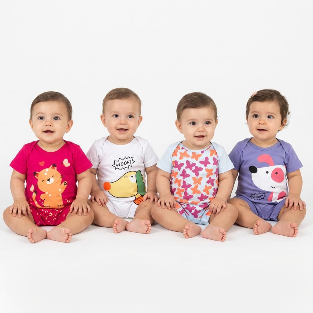 Kit 4 macacão Bebê Infantil 100% Algodão Menina Menino Unissex Meia Manga Básico Super Macio Enxoval Maternidade