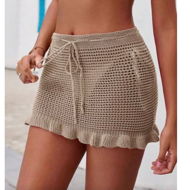 Saida de Praia Saia Babadinho  Tricot Crochê Com cordão Para Ajuste