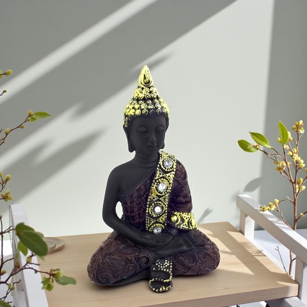 Buda Meditando Decoração Para Casa Enfeite Em Resina Marrom com Dourado