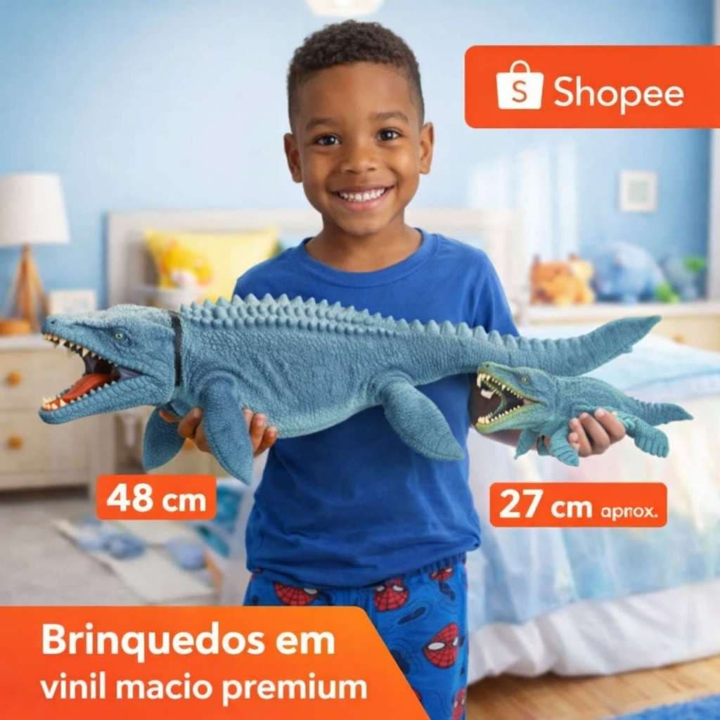 Brinquedo Dinossauro Mossassauro Grande 48cm Vinil Macio + Pequeno 27 cm
