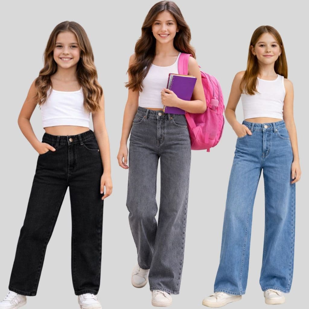 Calças Jeans meninas Wede Leg infantil juvenil premium pantalona escolar lazer