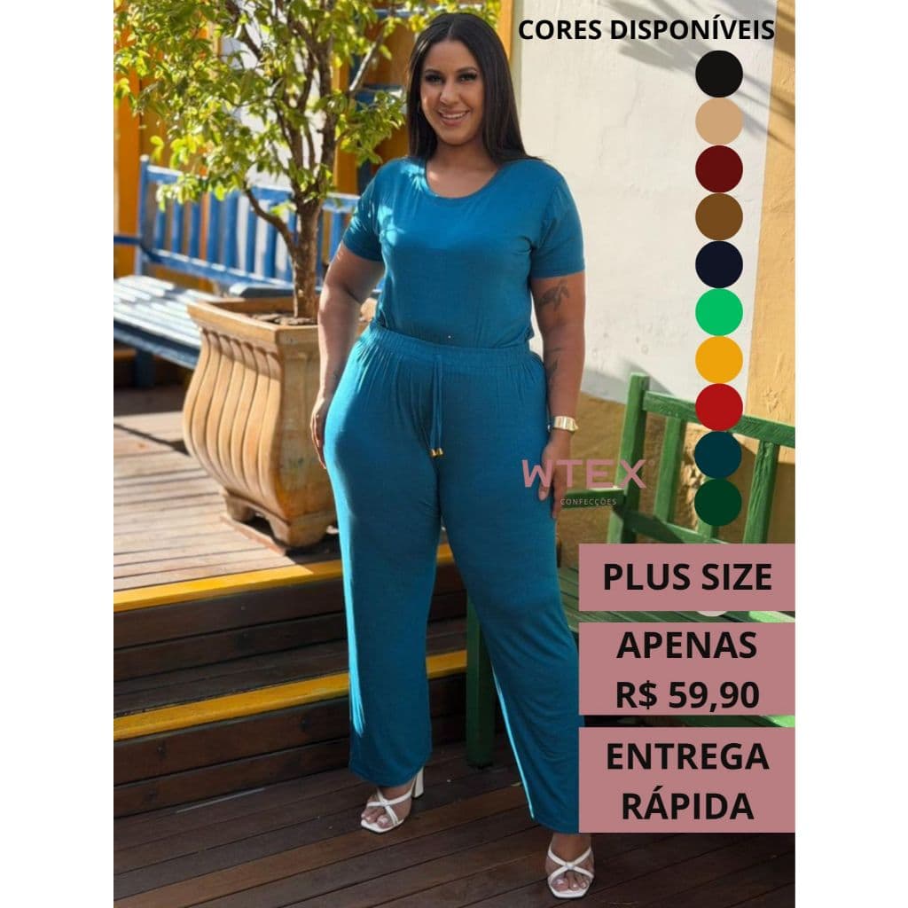 Conjunto Feminino PLUS SIZE VISCOLYCRA Malha Comfy Blusa e Calça Pantalona Cintura Alta Sem bolsos