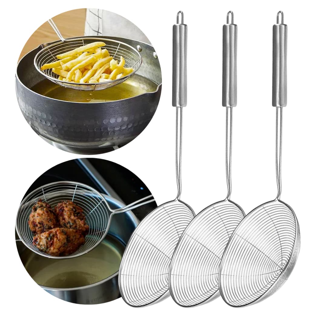 Kit Escumadeira Colher Aramada Redonda Peneira Fritura Ø 19Cm Inox Pastelaria Salgados Restaurante
