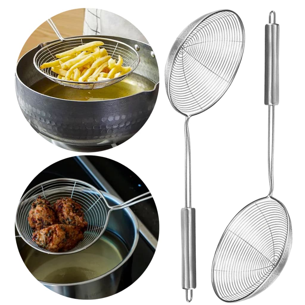 Kit Escumadeira Colher Aramada Redonda Peneira Para Fritura Aço Inox Ø 11,5cm Pastelaria Cozinha