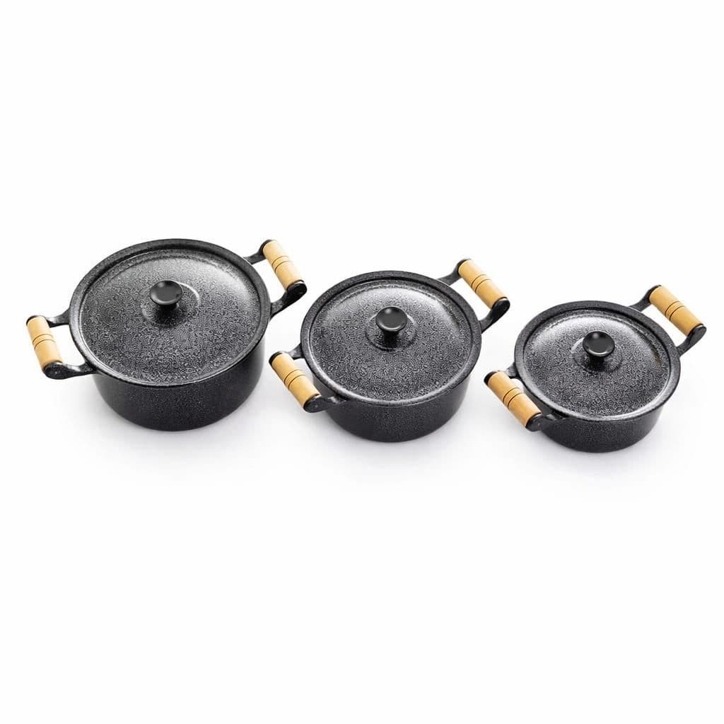Jogo De Panela Preto Craqueado Aluminio Batido Fundido Grosso 3 Peças 14\18