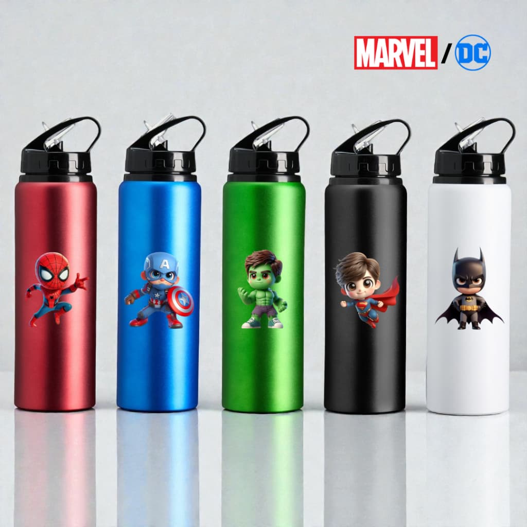 Garrafa Alumínio Marvel DC Super-herói Canudo Bico Flip 800ml