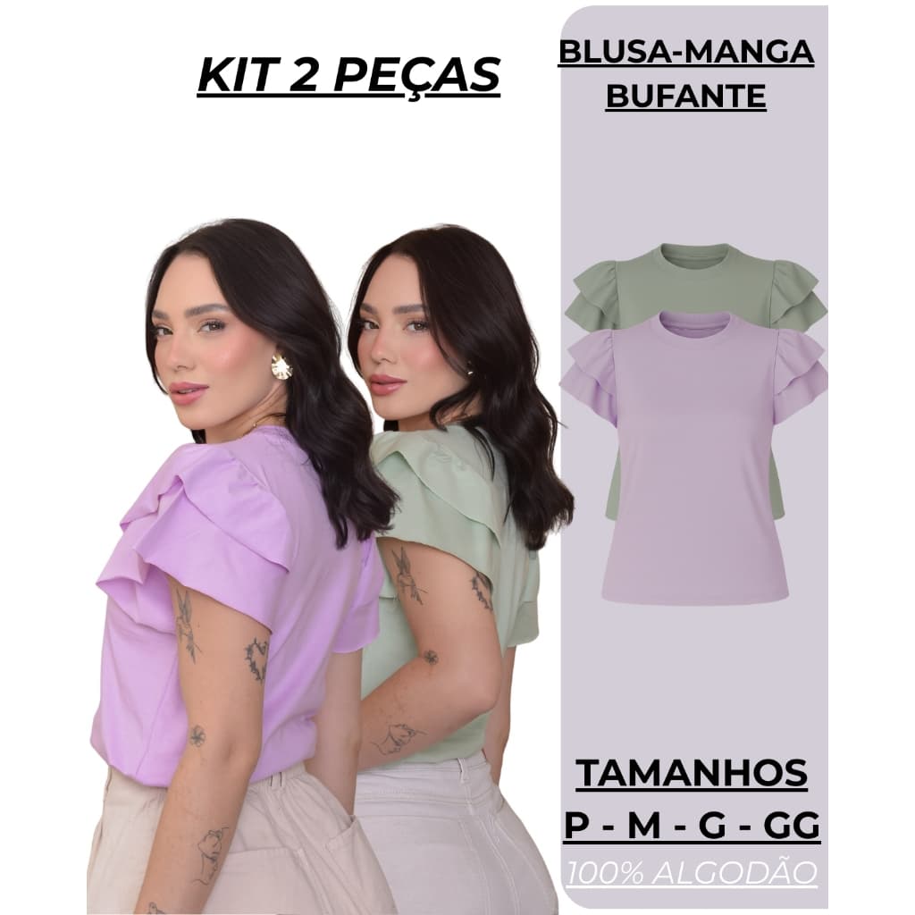 Kits 2 Blusa feminina bufante lisa manga princesa 100%algodão moda evangelica blusa elegante casual