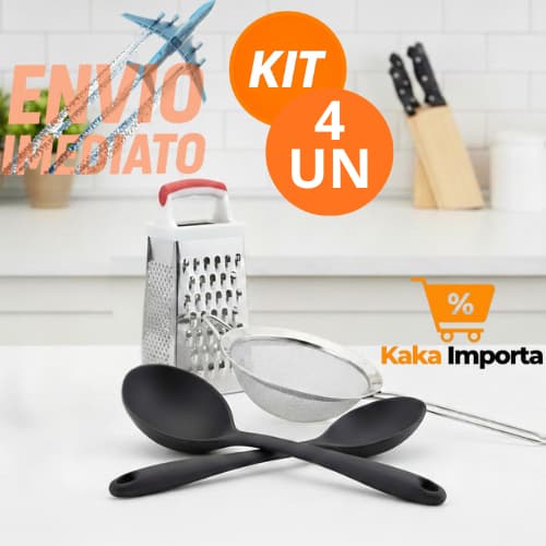 Kit 4 Utensílios de Cozinha Inox – Peneira + Ralador 4 Faces + Utensílios de Silicone Colher + Cocha