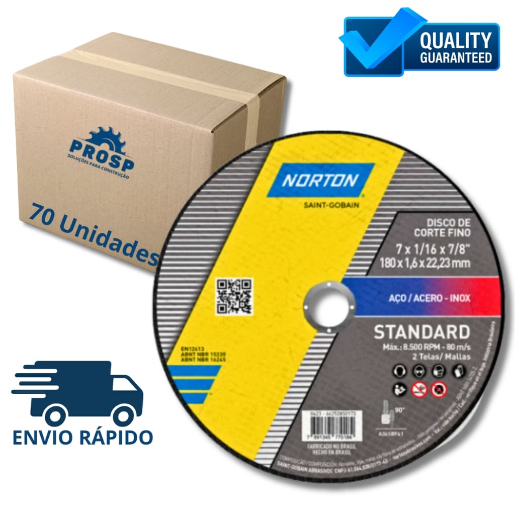 Kit 70 Disco de corte para metal e inox 7 x 1,6 x 7/8"  Standard Norton
