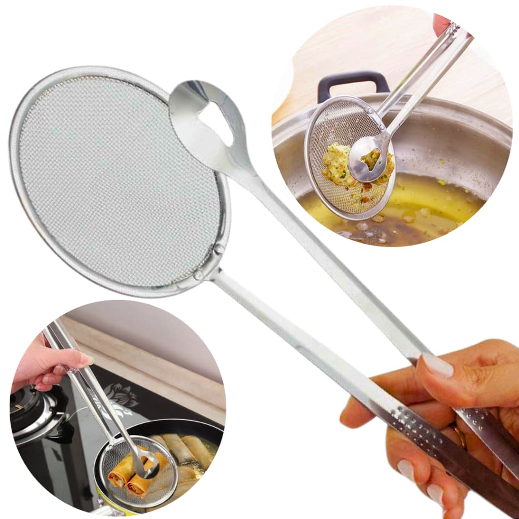 Kit Escumadeira Fritura 2x1 Com Pegador Pinça Peneira Inox Pastel Batata Salgado Cozinha Restaurante