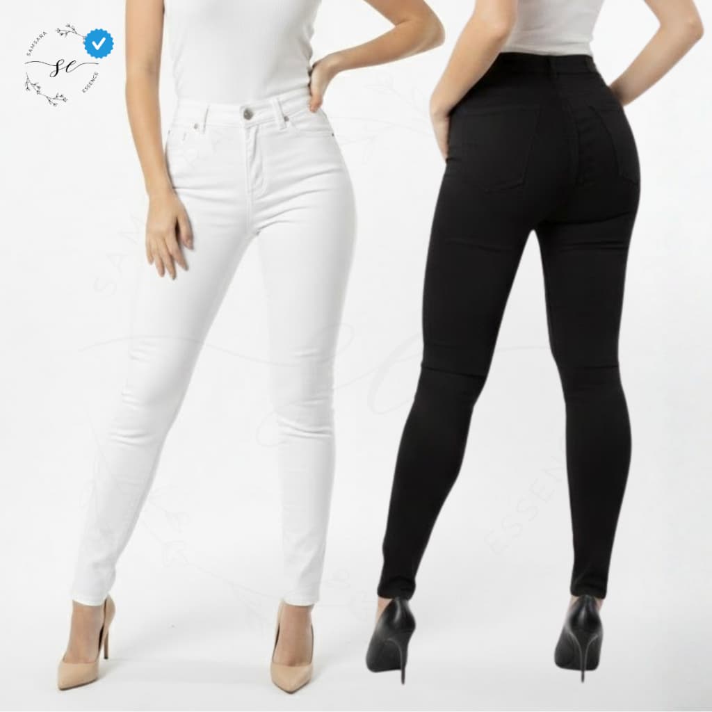 Calça Feminina Skinny Sarja Premium Preta e Branca com Lycra Cintura Alta Empina Bumbum