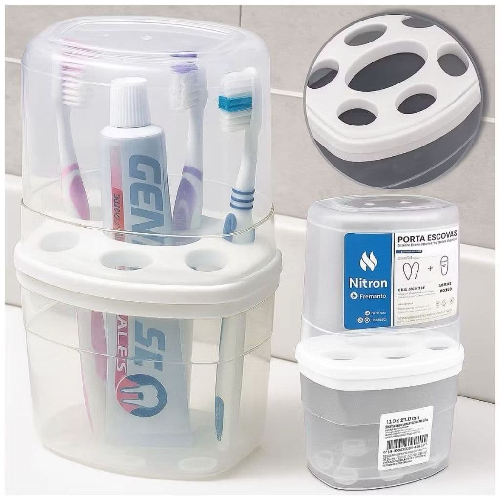 Porta Escova e Creme Dental Com Tampa 6 Divisórias