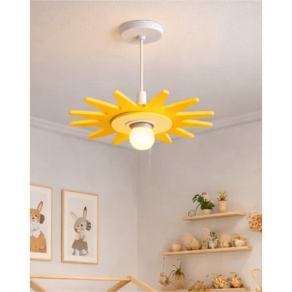 Lustre Infantil Sol MDF 30cm Amarelo | Luminária Decorativa Quarto Bebê