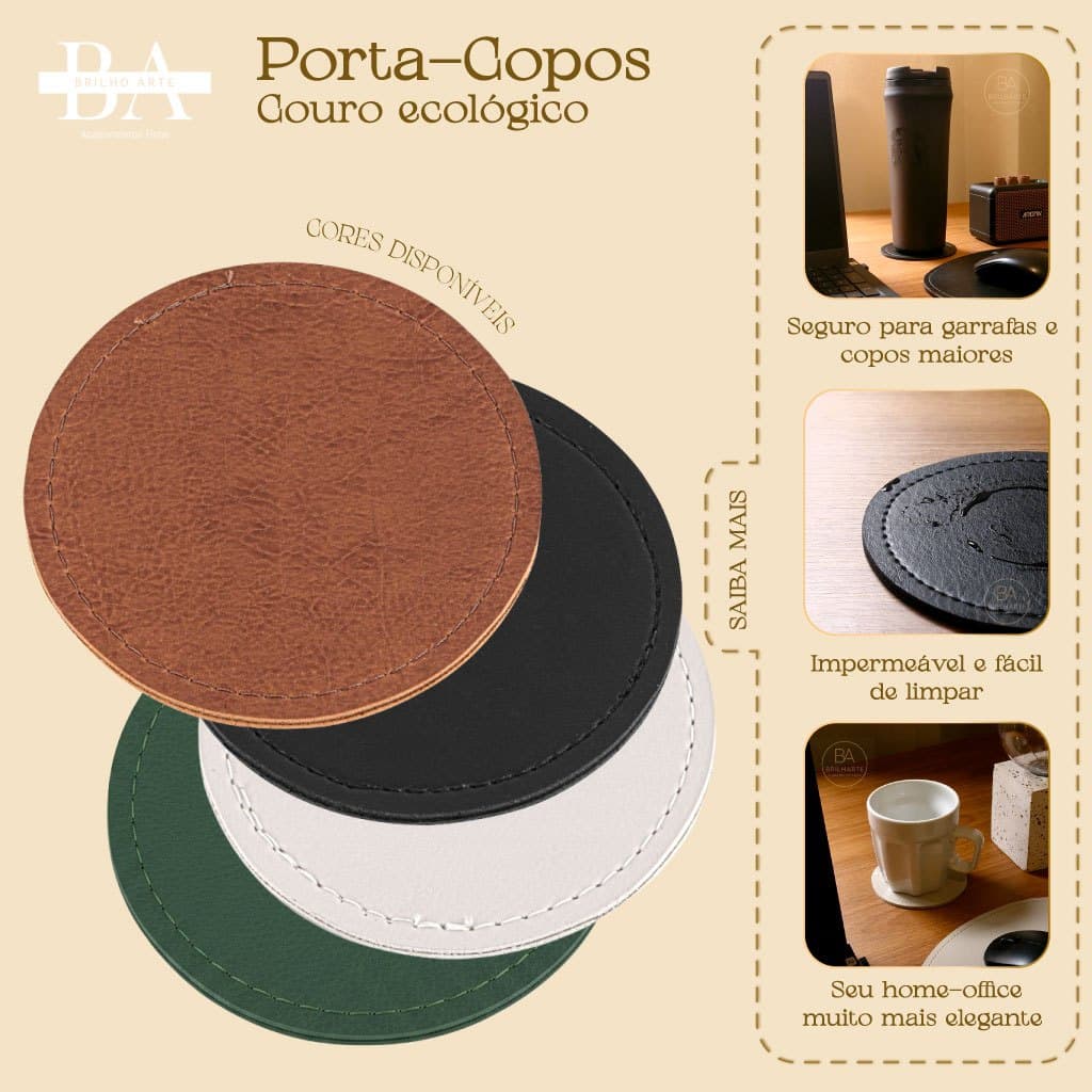 Descanso Porta Copo Para Água e Café Couro Ecológico Premium para Mesa Escritório – Brilharte