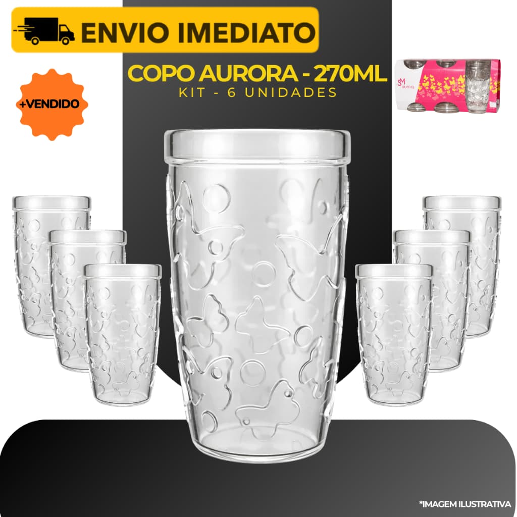 Conjunto 6 Copos Vidro 270ml Resistente Multiuso Aurora - Nadir
