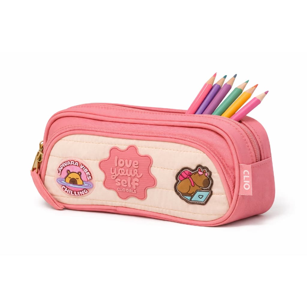 Estojo Capivara 24 Lápis com 2 Divisórias Juvenil Clio Style Rosa Marrom