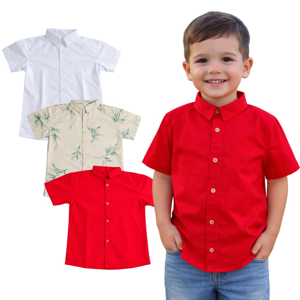 Camisa Social Infantil Menino 2 A 10 Anos Manga Curta Linho Lisa e Estampada Estilo Mauricinho