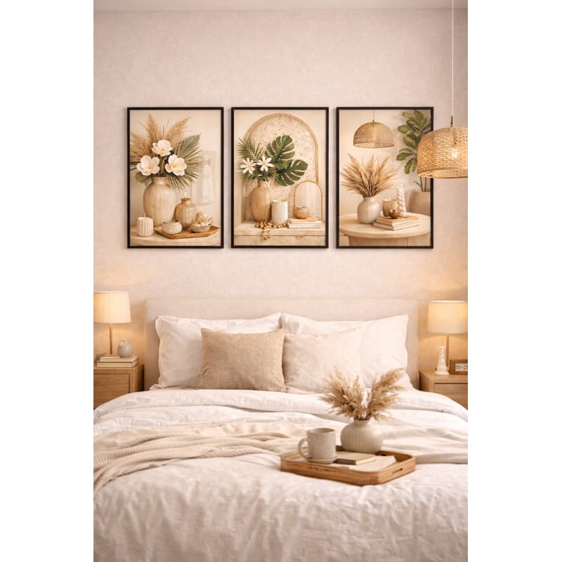 Kit 3 Quadros Decorativos Boho Chic Bege e Verde Decoração Elegante