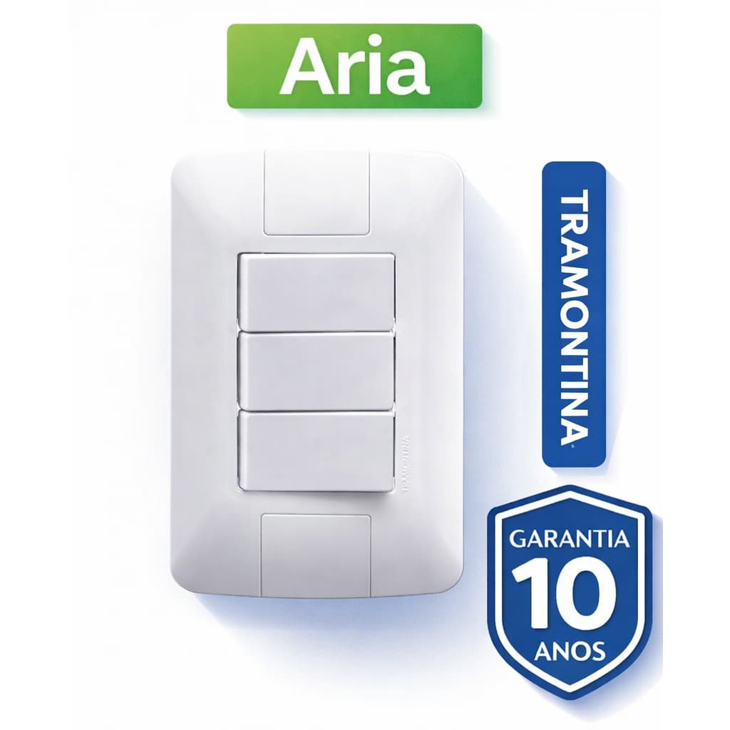 Conjunto Interruptor Triplo Simples Tramontina Aria 4x2 6A 250V com 3 Interruptores Branco Original