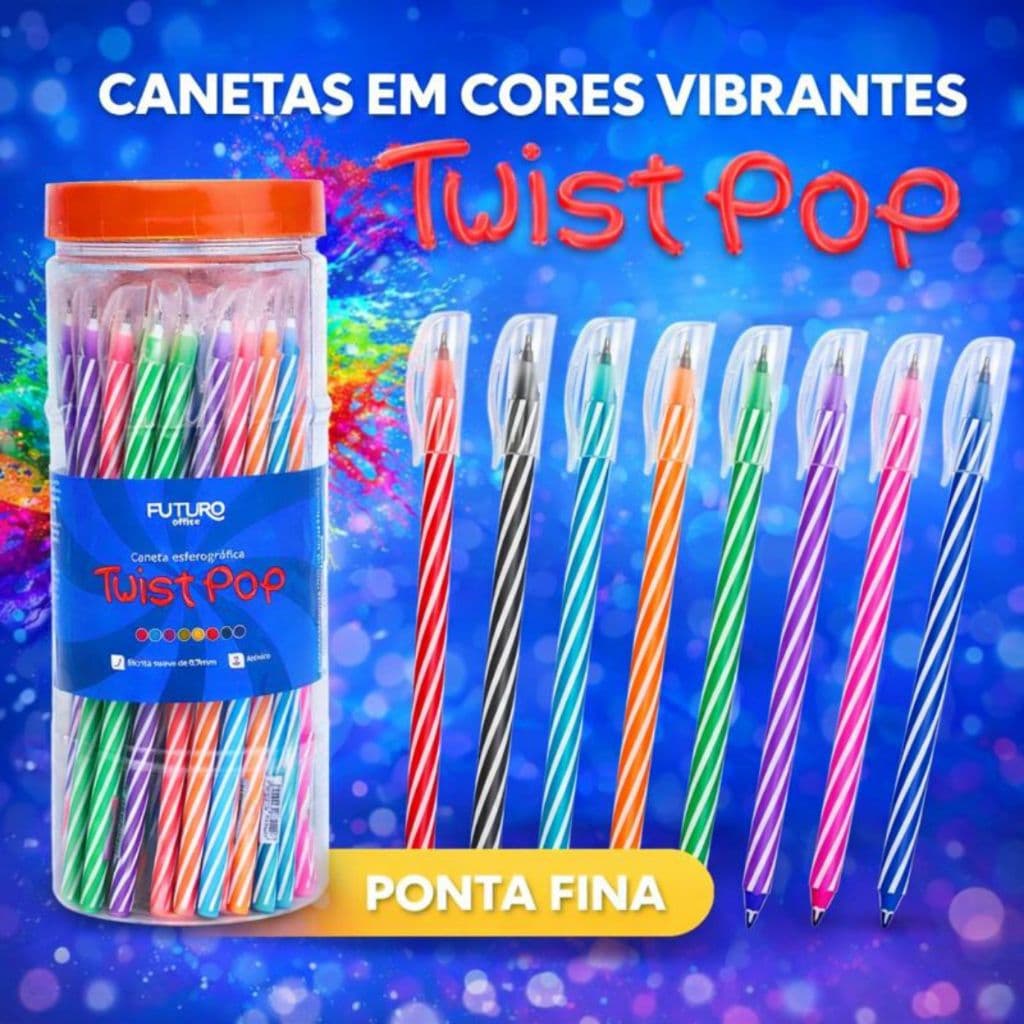Caneta Twist Pop 0.7mm 8 Cores Pote C/ 50 Und - Esferográfica Ponta Fina Estilo Caneta Spiro Futuro