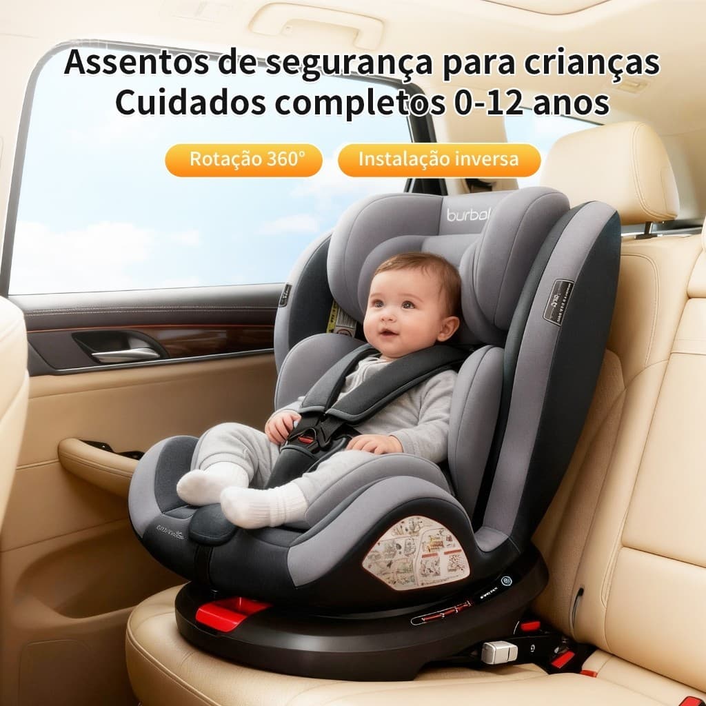 Cadeirinha auto Burbay Baby 360° com Isofix para crianças dos 0 aos 25 kg, oferece 4 posições seguras e confortáveis
