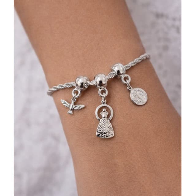 Pulseira Folheada A Ouro Prata Semi Joia Nossa Senhora São Bento Espírito Santo Pulseira Ajustável Berloque