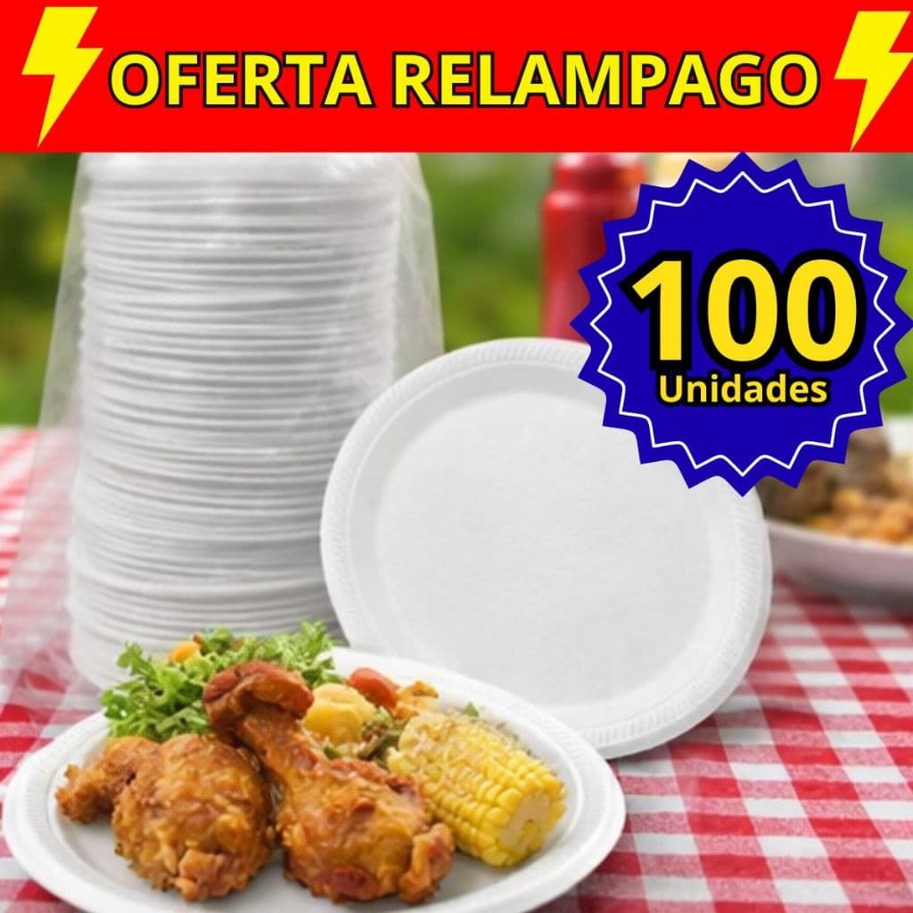 100 Prato Raso 23cm para Refeições Festas Churrasco Isopor Resistente