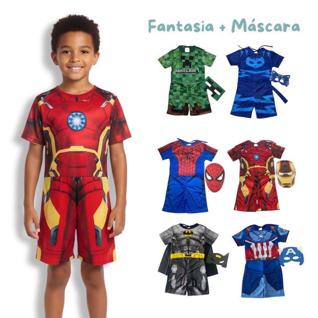 Fantasia Menino Infantil Super-Heróis Aranha Ferro Gato Batman  Minecraft Sonic América com Mascara Envio Imediato