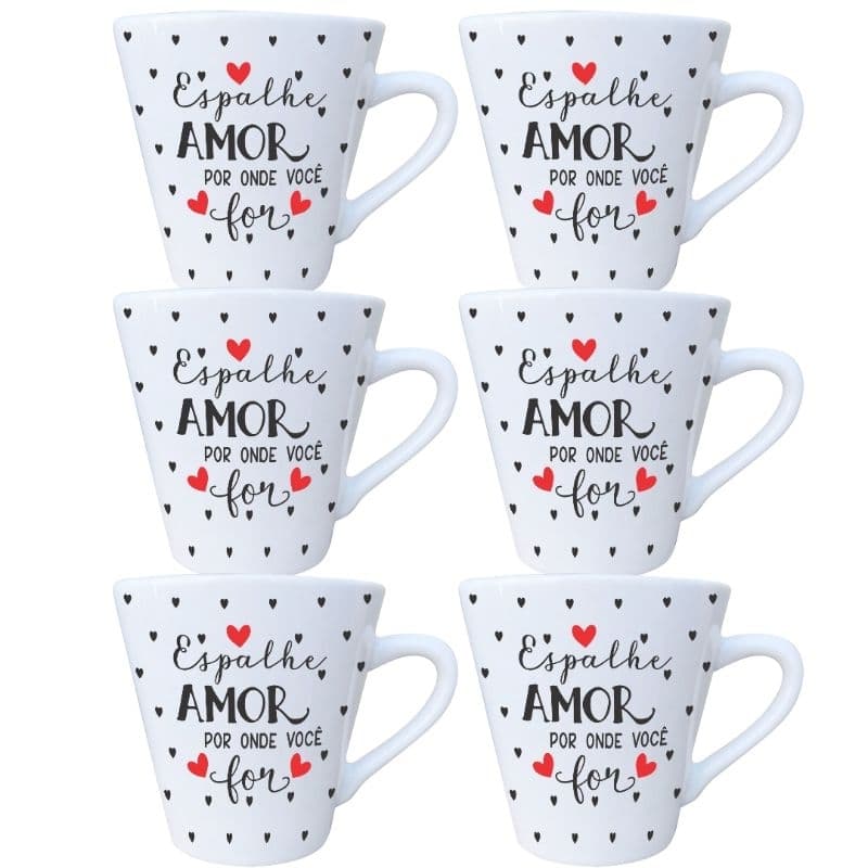 Jogo 6 Xícaras Porcelana Branca Chá Café Expresso 120ml Amor Gratidão