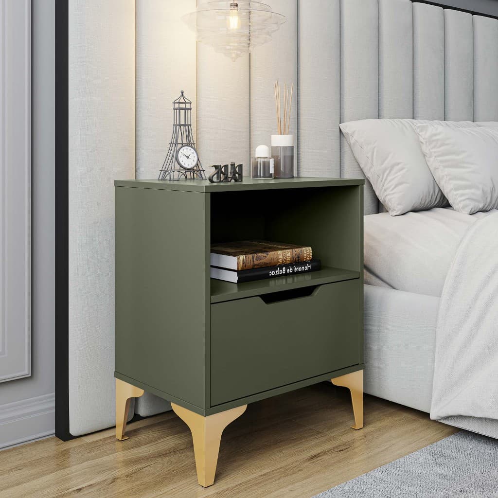 Mesa de Cabeceira Vegas Com 1 Gaveta e Nicho Verde Com Pés Dourado