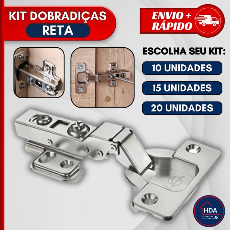 Kit Dobradiça Aço Reta Amortecedor Porta Armário Móveis 26mm 10 15 ou 20 Unidades - ESCOLHA!