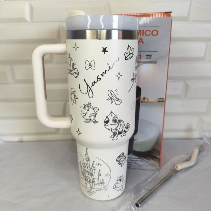 Copo Térmico Personalizado Branco  com Alça e Canudo Princesas