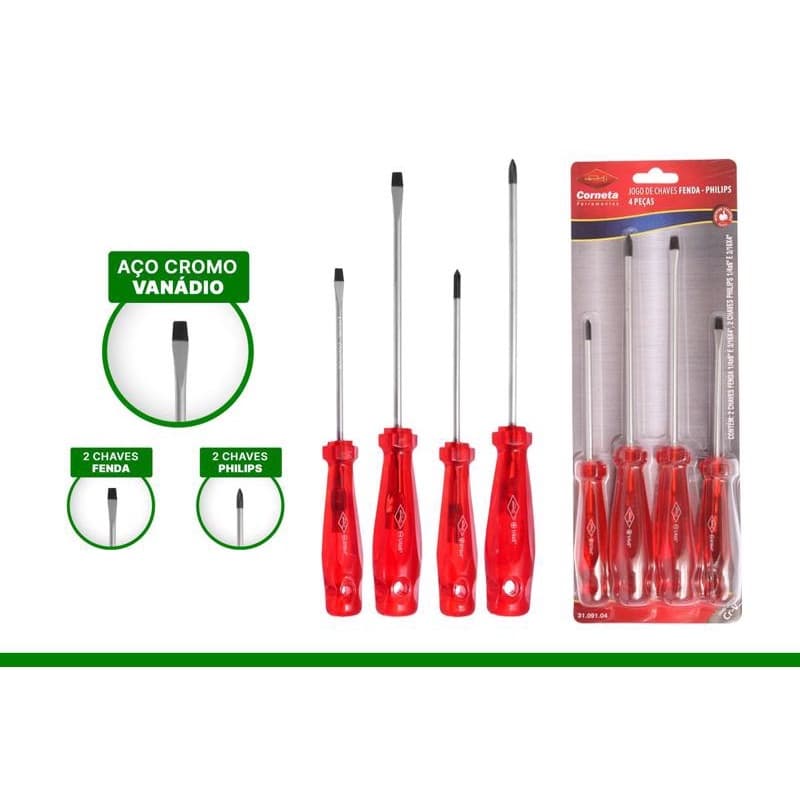 Jogo de Chaves Fenda e Phillips 4 Peças Corneta – Kit Profissional Resistente