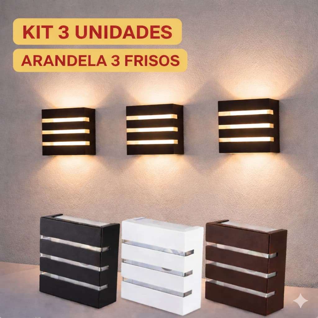 Kit 3 Arandela de Parede Luminária Slim 3 Frisos Decoração Uso Interno e Externo Ideal P/ Sítios Piscinas Paredes