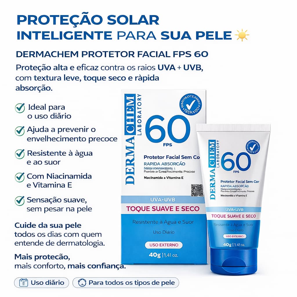 Protetor Solar Facial FPS 60 Toque Suave e Seco com Rápida Absorção e toque seco  - Dermachem 40g