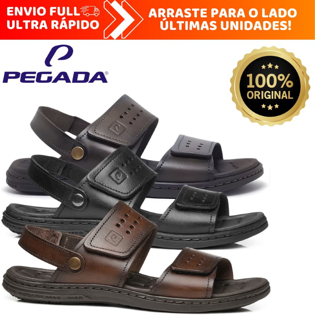 Sandália Masculina Pegada em Couro Legítimo Com Velcro Anatômica Original