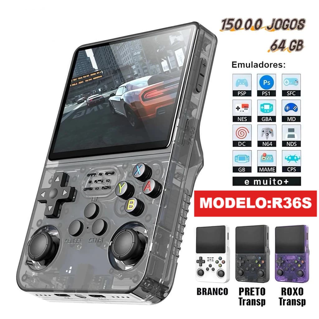 CLONE Console Portátil R36S + de 15.000 Jogos Vídeo Game 64g Linux Tela IPS 3.5 Polegadas