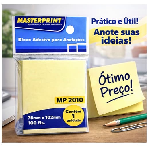 Bloco adesivo para anotações 76mm x102mm com 100 folhas na cor amarela Masterprint