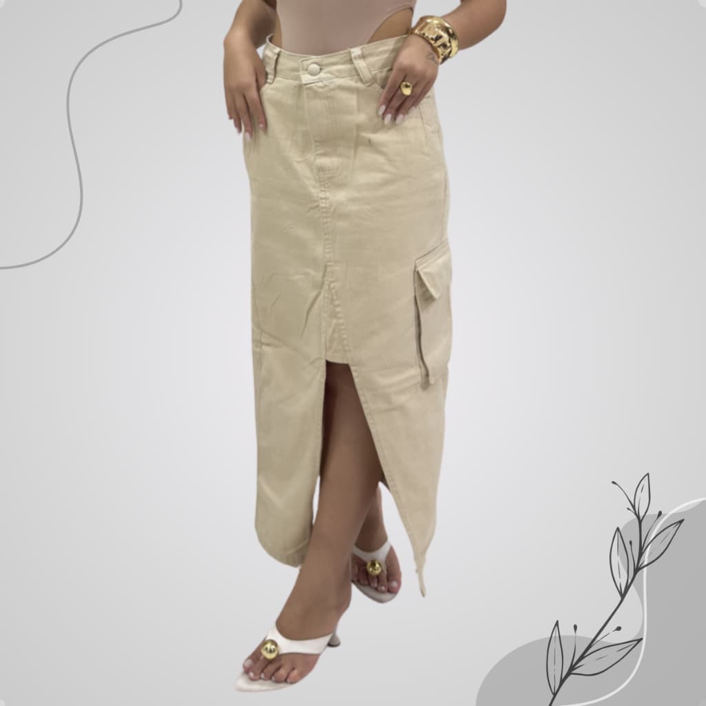 Saia Mid 1 Bolsos Lateral Cargo Aba Detalhe Frontal Abertura