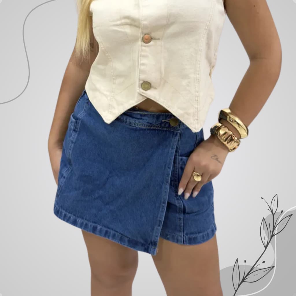 Short Saia Jeans Feminino Com Pinça Botões Frontais Cintura Alta Confortável Moda Blogueira Tendência
