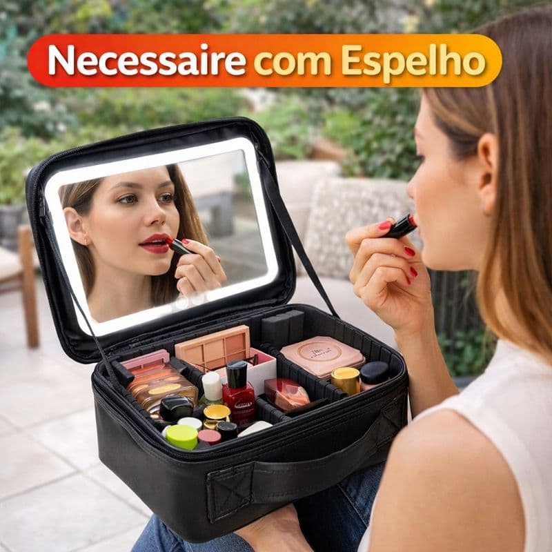 Necessaire com Espelho e LED, Maleta Maquiagem, Bolsa Maquiagem Cosméticos Portátil, Mala de Viagem